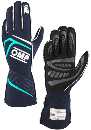 OMP FIRST Handschoenen my2025 FIA 8856-2018 - Marineblauw / Tiffany - Maat XS